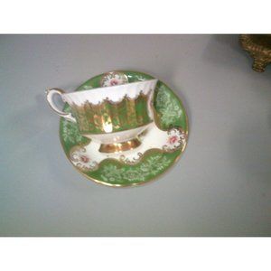 RARE PARAGON TRENTON GREEN/GOLD FLORAL TEACUP AND SAUCER SET
